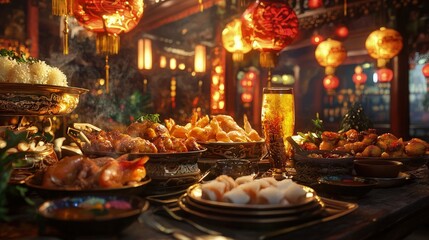 A lavish spread of assorted asian dishes in a dimly lit setting.