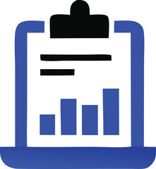 Stylized Clipboard with Bar Graph and Text Illustration in Blue and Black Representing Data Analysis and Reporting on a White Background Vector Graphic