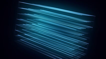 Abstract wireframe cube. Network connection structure. Digital blockchain concept. Futuristic blue background with dots and lines. 3D rendering.