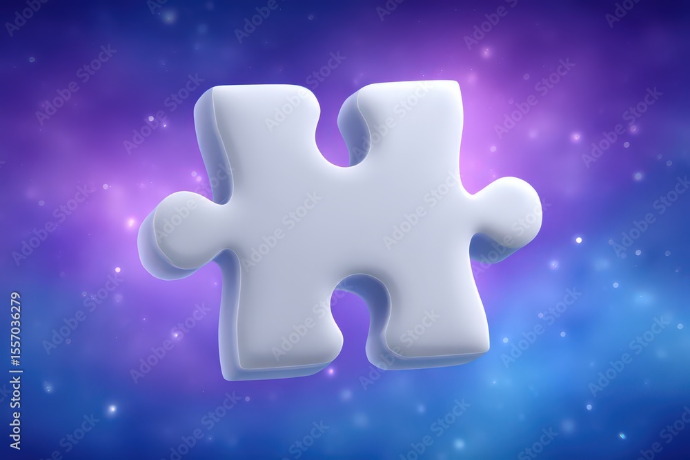Poster intriguing white puzzle piece floating against a mystical starry nebula background embodying the ess