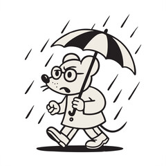 Cartoon mouse walking in the rain with umbrella for comic t-shirt