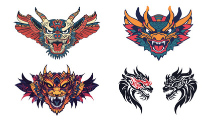 Naklejka premium Sharp-featured dragon head tattoo design in detailed vector art – fierce mythical creature illustration with bold lines and tribal style elements