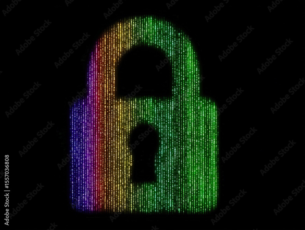 Poster digital padlock symbolizing modern cybersecurity measures with vibrant color spectrum depicting priv