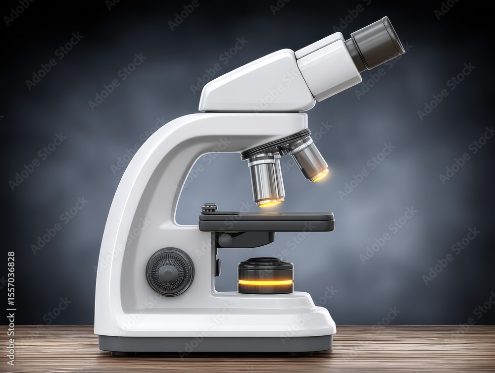 Poster advanced laboratory microscope showcasing precision optics and innovative design emphasizing scienti
