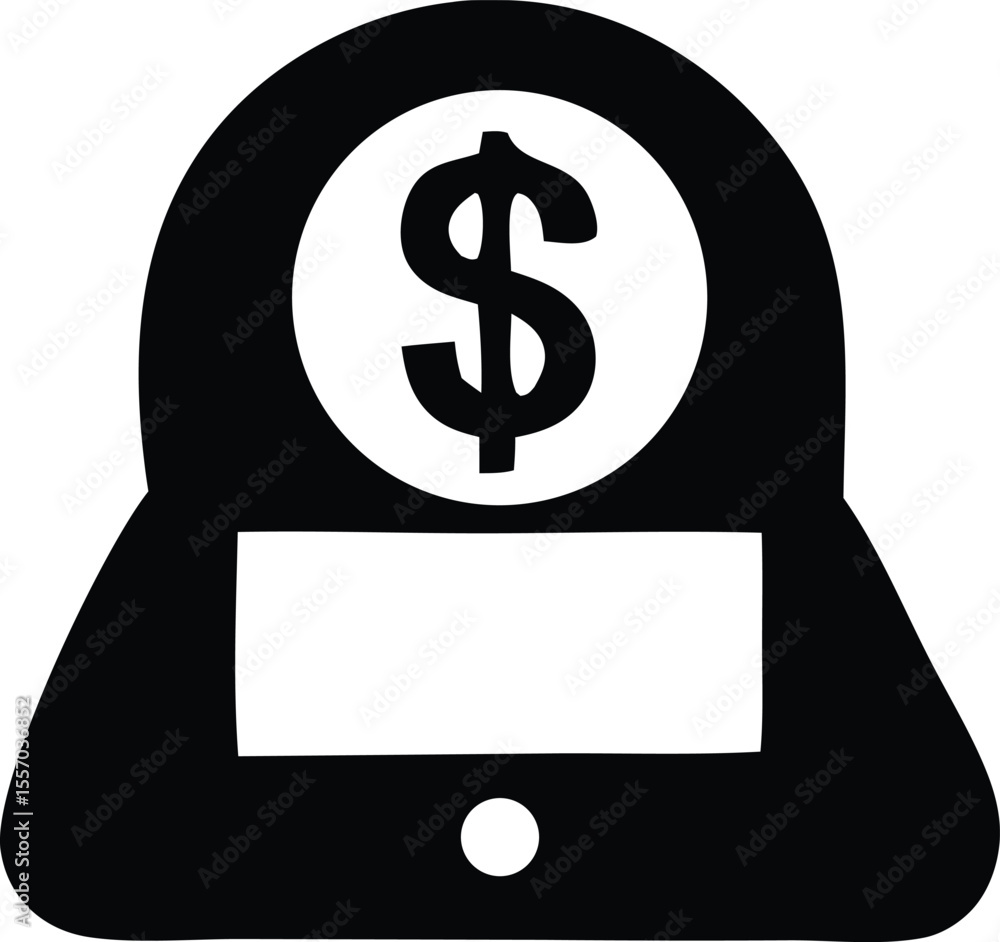 Poster stylized black and white icon of a smart device displaying a dollar sign representing financial tech