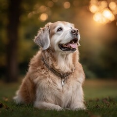 A joyful golden retriever sits in bright sunlight, its soft fur glowing, looking up with happiness in a high fidelity outdoor portrait setting.