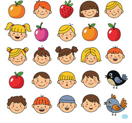 Cute Cartoon Children Faces and Fruits Vector Illustration Set
