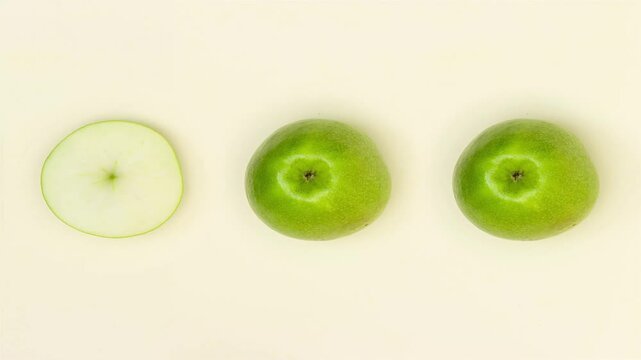 Three green apples, one sliced in half, arranged in a row on a light background.