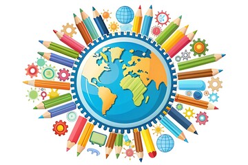 A colorful illustration shows a world globe surrounded by pencils and gears isolated on white background