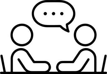 Two people sitting at a table with a speech bubble indicating conversation