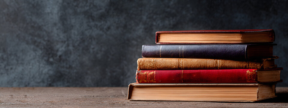 horizontal image of a top view of a stack of books Dark background with copy space for text. World Book Day concept. For banner, design, cover, thumbnail, social media, business, linkedin, presentat
