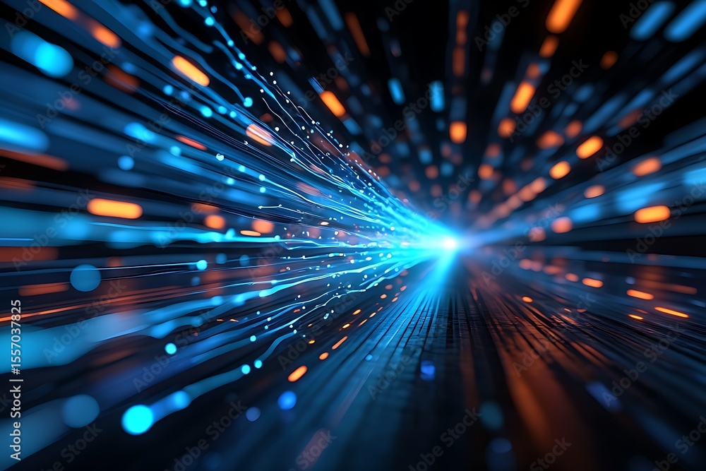 Poster illuminating abstract digital light streaks representing data flow and connectivity