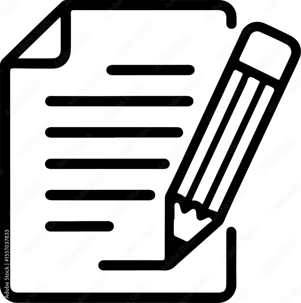 Poster simple black and white icon representing a document with lines of text and a pencil writing on it