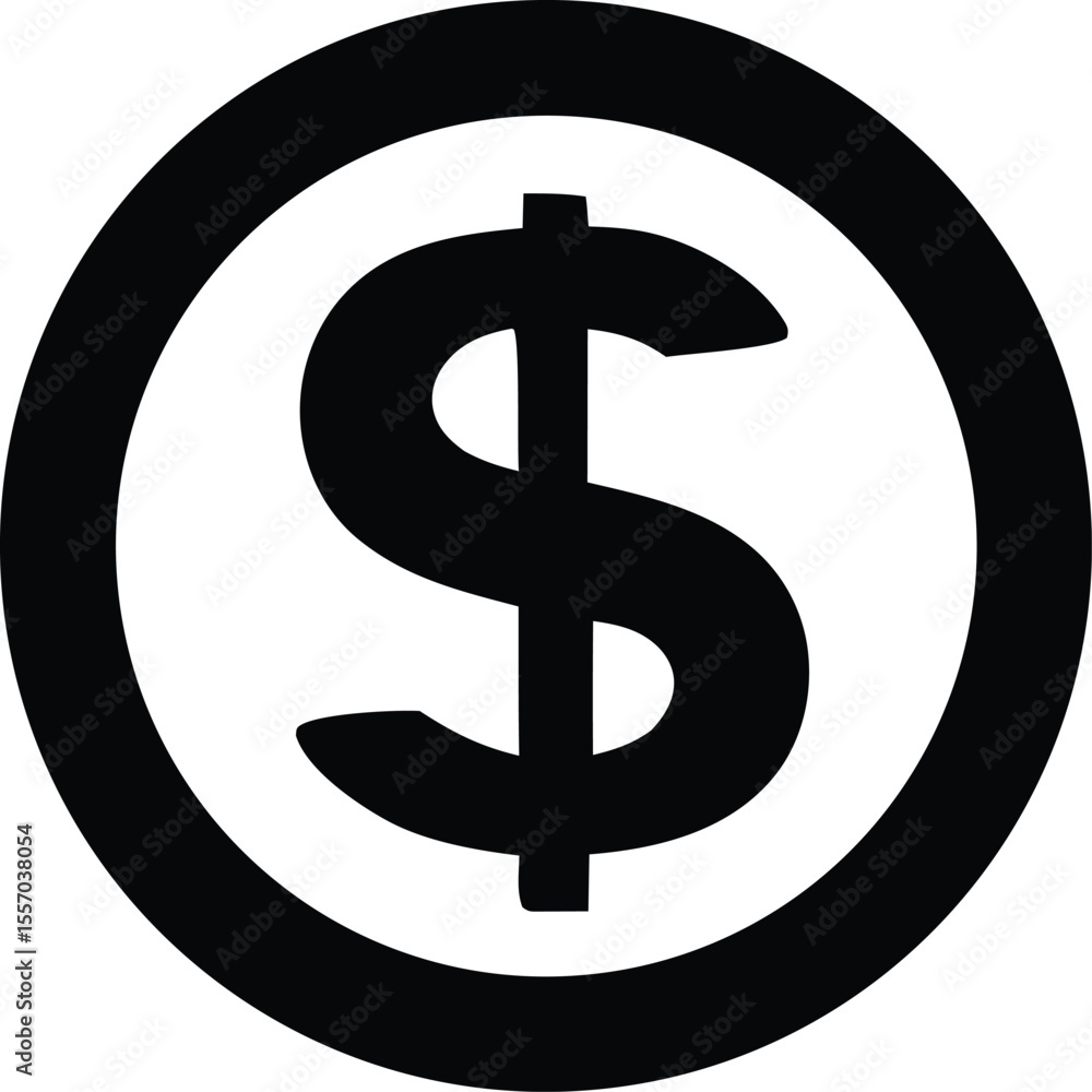 Poster simple black and white dollar sign icon with circular border representing finance currency and econo
