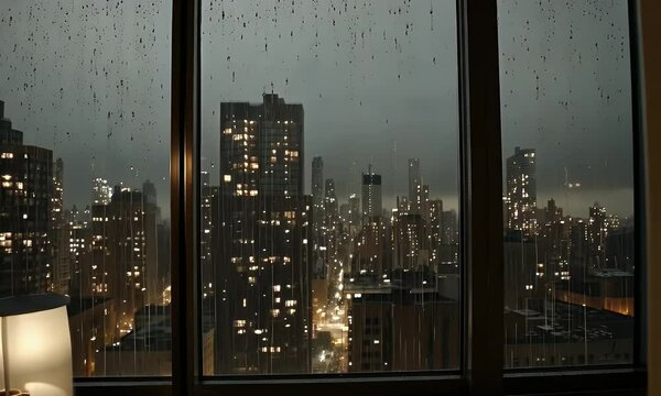 Rainy Night Cityscape View Through Window with City Lights and Reflections in Urban Landscape