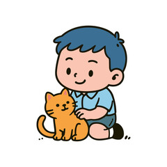 A happy cartoon of a boy petting his cute orange cat.