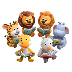 Fototapeta premium 3d group of animal friends sitting in circle reading storybooks isolated on white background