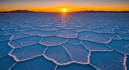 Salt Flat at Sunset with Hexagonal Pattern Ground and Mountain Backdrop