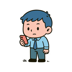 Illustration of a cute, cartoon-style businessman looking at his smartphone with a concerned expression.