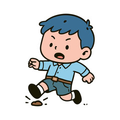 This colorful cartoon shows a boy walking and accidentally stepping in dog poop, expressing a disgusted reaction