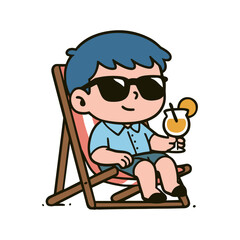 This charming cartoon depicts a relaxed boy in sunglasses sitting in a beach chair, enjoying a cocktail, embodying summer vacation vibes.