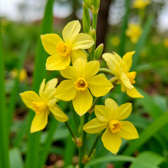 Obraz premium Yellow flowers blooming in green grass during spring season 
