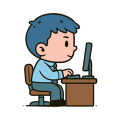 Cartoon Character Working on Computer at Desk