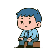 A cartoon illustration shows a man in office clothes sitting on a stool, looking depressed