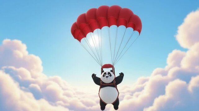 Animated cartoon panda enjoying a parachute jump through the sky amongst fluffy clouds depicting fun and adventure 4K Ai HD video.
