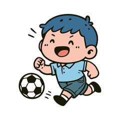 Happy Cartoon Boy Playing Soccer Kicking a Ball
