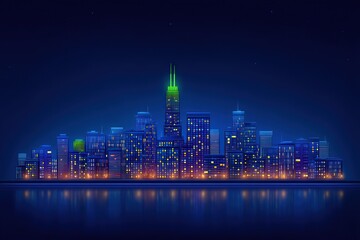 An illustrative nighttime city skyline showcasing illuminated buildings reflecting on a tranquil body of water evoking urban vibrancy and digital dynamism captured with clarity