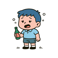 A cartoon illustration showcases a sad little boy clutching a beer bottle with a troubled expression