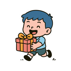 A happy cartoon boy is running while holding a wrapped gift box for Christmas or his birthday