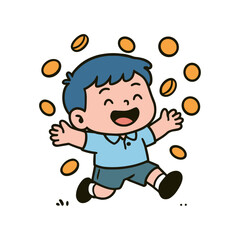 A gleeful cartoon boy jumps for joy with a shower of golden coins, symbolizing success and financial reward.