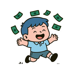 This colorful cartoon illustration shows a happy young boy jumping with excitement as green money bills fall around him.