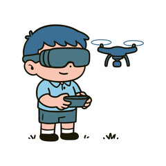 Illustration of a boy wearing a virtual reality headset and holding a drone controller outside.