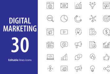 Digital Marketing Line Icons, SEO, Email Campaign, Social Media, Analytics, Ad Targeting, Website Optimization, and More , Editable Formats: AI, EPS, JPG, PNG , Ideal for Both Digital and Print Use