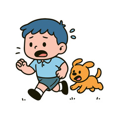 A cartoon drawing features a boy and dog running with panicked expressions.