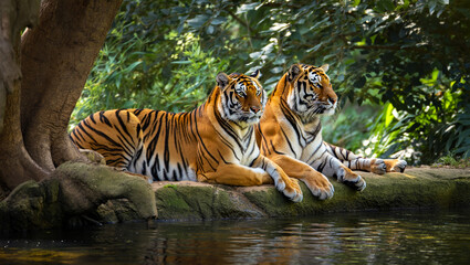 Obraz premium Two Tigers Resting Beside Water Under Green Foliage