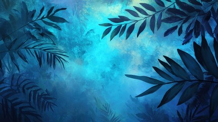 Blue jungle scene with dark silhouetted tropical leaves framing a textured, misty background.