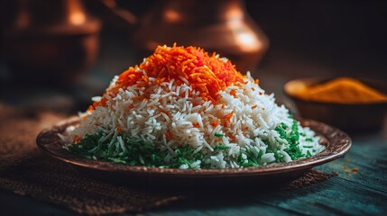 A vibrant Tricolor Rice dish celebrating Indian Independence Day with culinary pride and patriotic fervour on a rustic