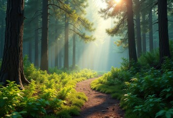 Obraz premium vibrant hiking trail through lush dense pine forest surrounded greenery natural beauty, trees, woods, path, landscape, outdoors, scenic, vegetation