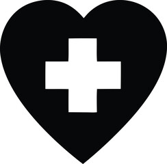 Black Heart with White Medical Cross Symbolizing Healthcare and Wellness in a Minimalist Design Isolated on a Clean White Background for Versatile Use