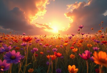Obraz premium vibrant wildflower field under dramatic sky bold colors nature landscape scenic blooming meadow, rainbow, lgbtq, lgbt, pride, colorful, love, equality, petal