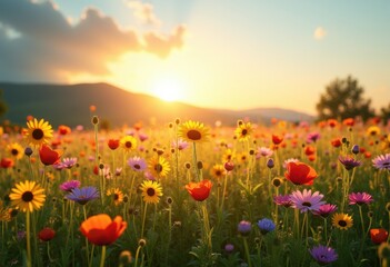 Fototapeta premium vibrant wildflower meadow sunrise nature scene colorful blossoms radiant sunbeams, flowers, sunlight, vivid, scenery, field, landscape, vista, vegetation