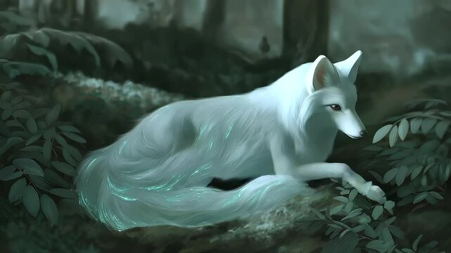 Mystic fox with nine glowing tails in a green forest setting