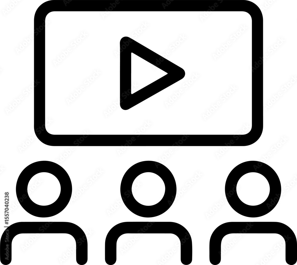 Poster audience watching a video presentation on a screen with a play button icon