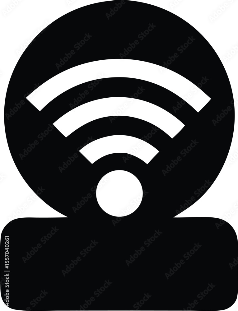 Poster black and white wireless router icon with three arcs and a circular light resting on a rectangular b