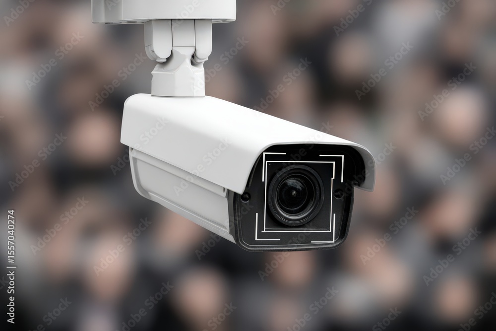Poster advanced surveillance camera observing a crowd showcasing modern security technology with a focus on