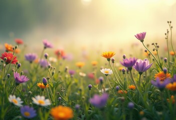 Fototapeta premium vibrant wildflowers misty meadow colorful nature landscape blooming flora tranquil ambience, field, petal, grass, dewdrop, spring, sunset, daisy, spectra